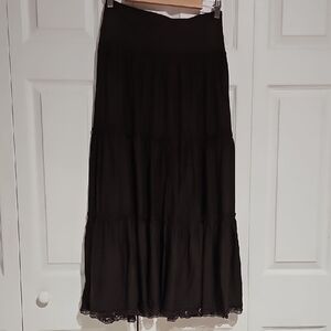 GNW Brown Tiered Maxi Skirt Lace Hem Size Small